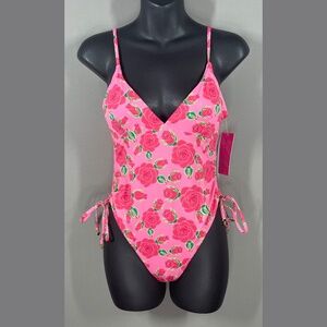 NEW Betsey Johnson Swimsuit Womens Medium pink red floral rose one piece